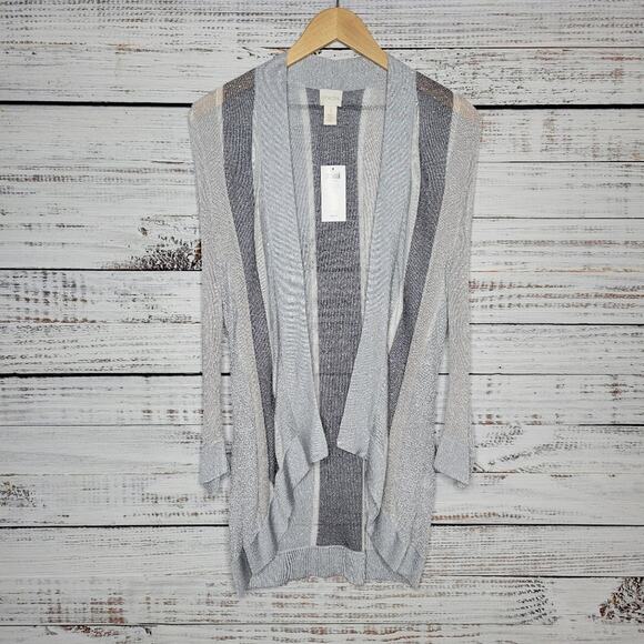 Chico's Cleo Vertical Stripe Open Front Cardigan Grey Silver Metallic Size 1 - Picture 1 of 5